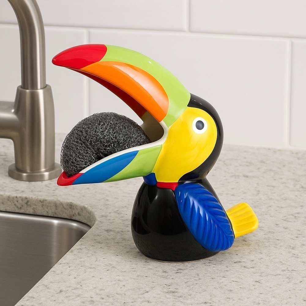 TOUCAN Scrubby Ceramic Holder Scrubbie Scouring Pad Caddy 5.5”